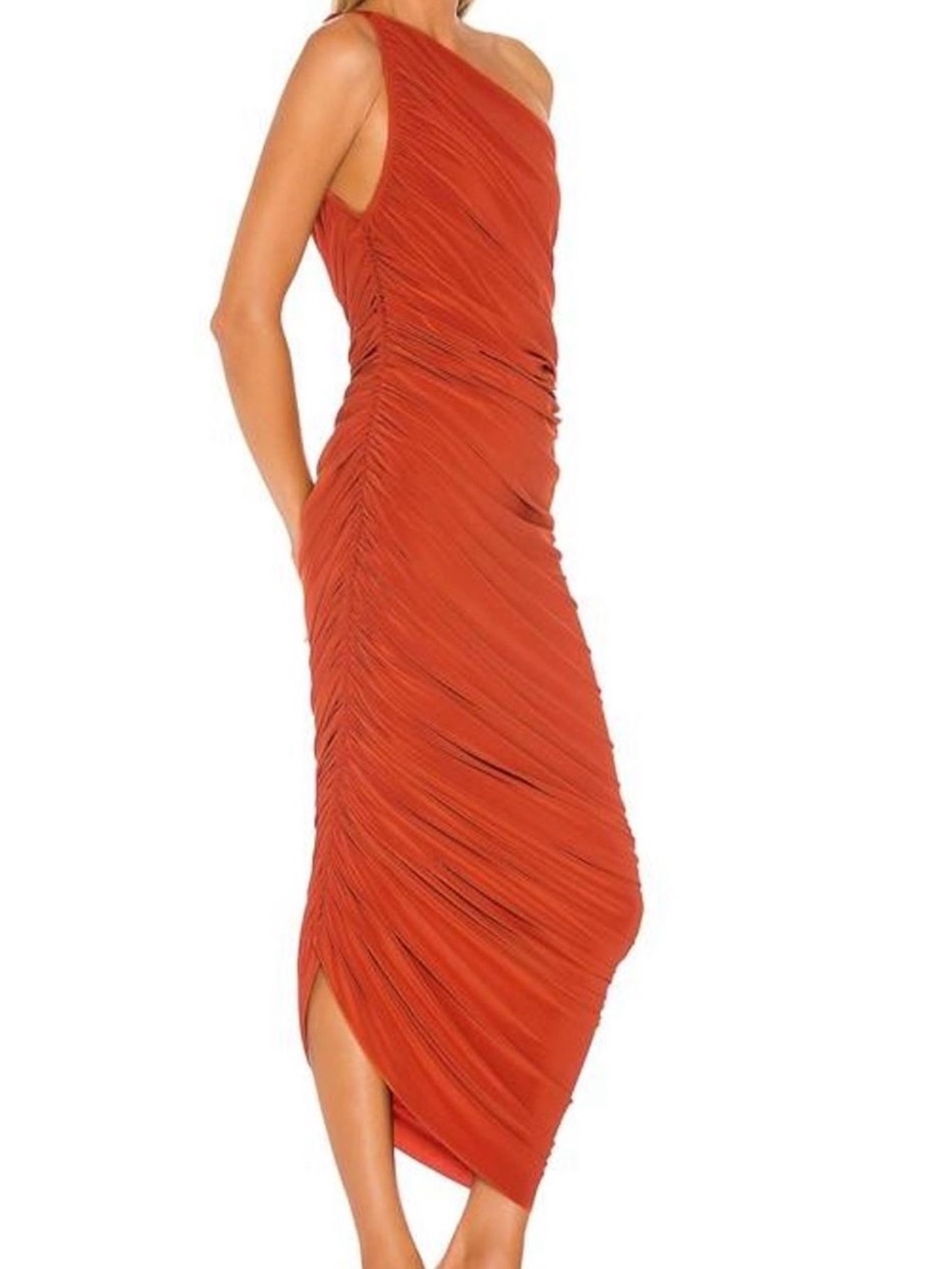 Club L London One-Shoulder Ruched Midi Dress in Rust